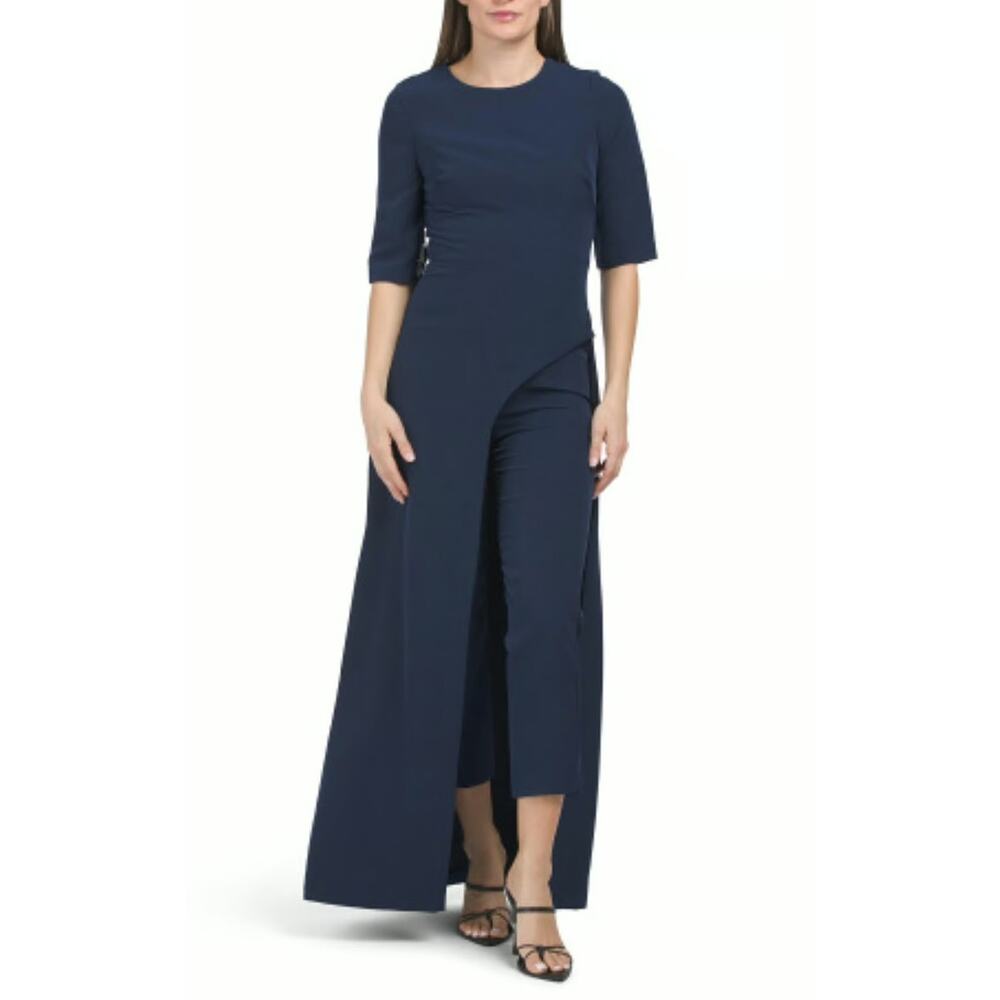 Kay Unger Davina Midnight Navy Walk Thru Asymmetric Skirted Jumpsuit Size 12